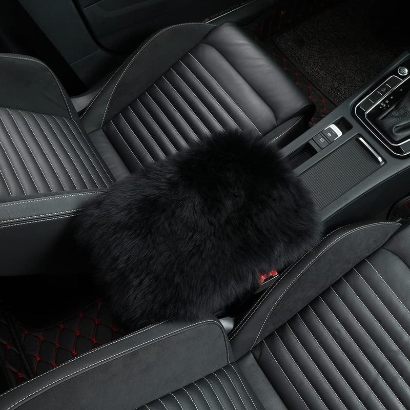 IRIWOOL Sheepskin Armrest Cover Auto Center Armrest Cover Car Soft Console Pad, Fluffy Wool Auto Center Console Cover for Most Car Arm Rest Decoration Protector 9 x 14 Inch (Long Wool, Black) - Image 1